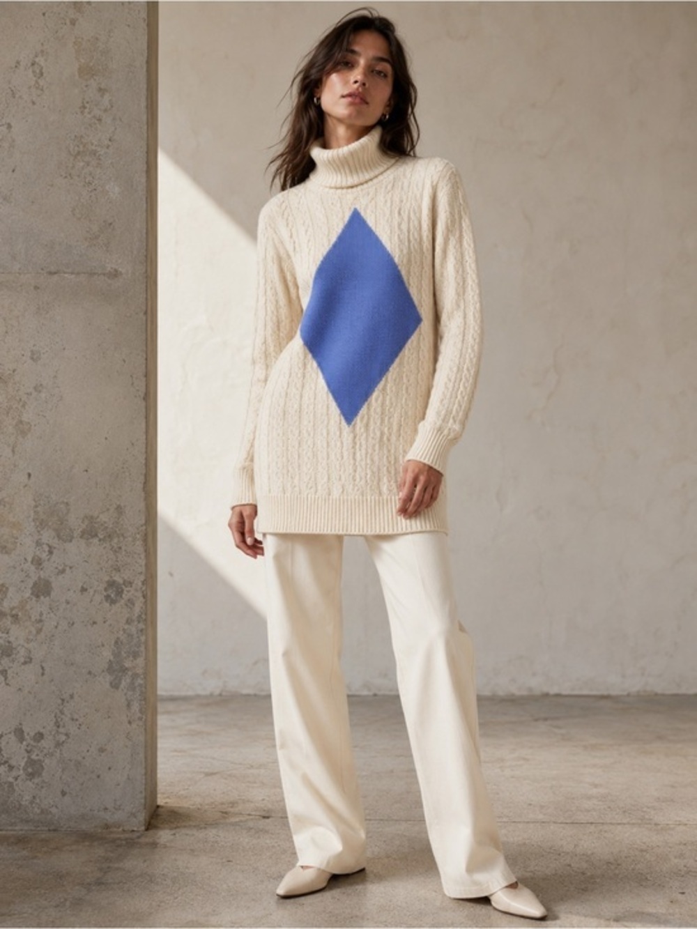 Tory Burch Small Cream Blue Diamond Nel Turtleneck Sweater Preppy Coastal